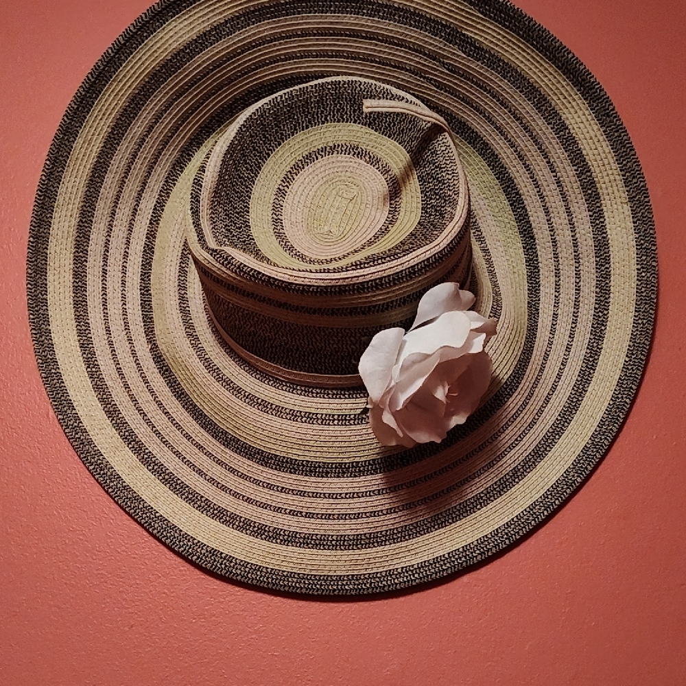 Striped Tan and Black Sun Hat with White Flower